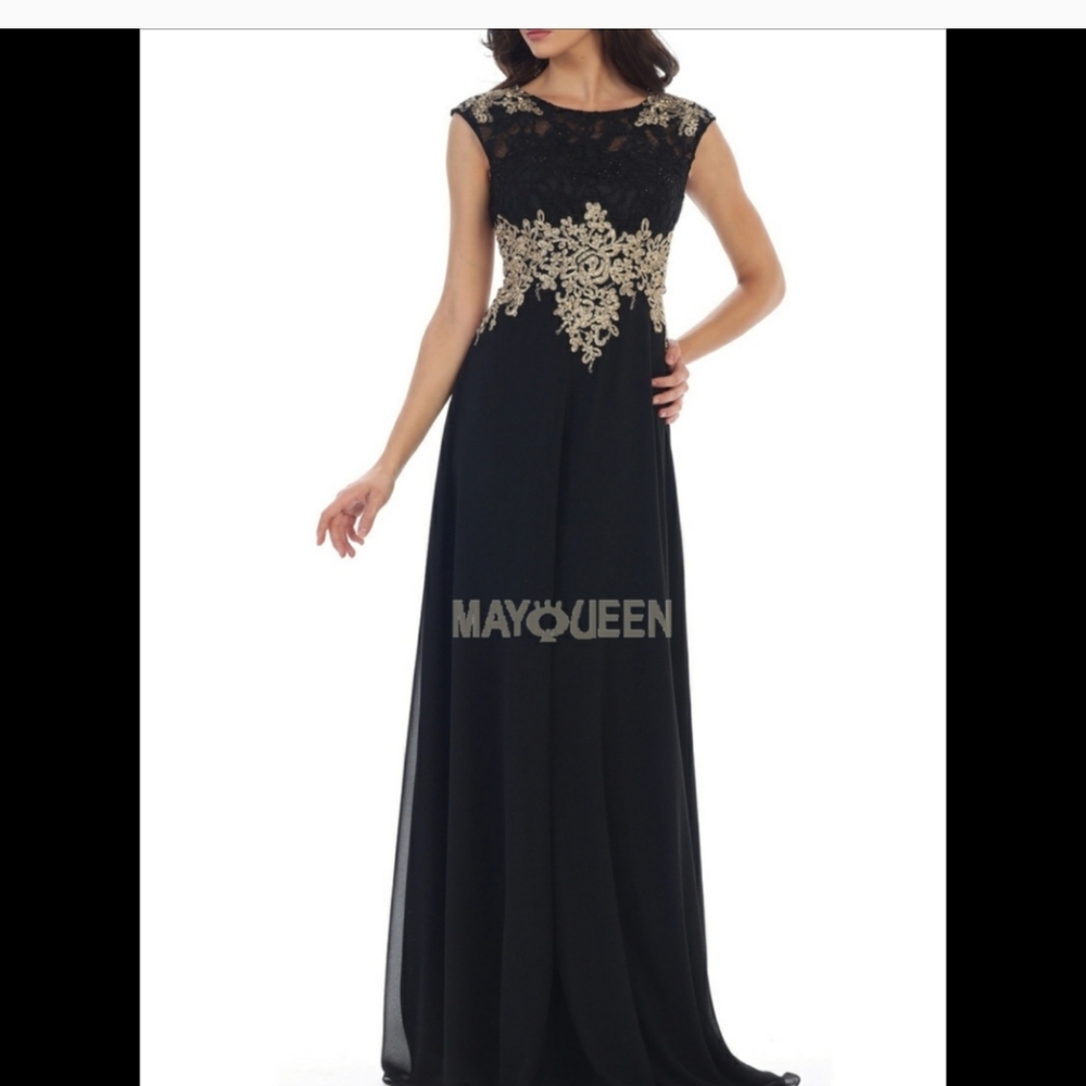 May Queen Black and Gold Lace Evening Gown